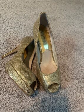 Michael Kors Gold Glitter Peep-Toe Platform Heels